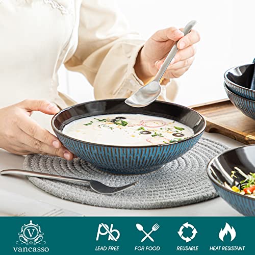 Vancasso Pluvo Pasta Bowls, 36 Oz Stoneware Pasta Serving Bowl Set Of 4, Large Wide Bowls For Pasta, Salad, Cereal, Soup, Microwave & Dishwasher, Oven Safe, Blue #TOP2