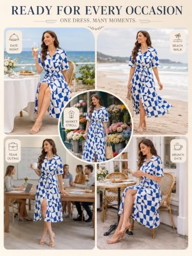 Image of BROVAVE Women's 2026 Summer Short Sleeve Work Dresses Tie Waist Button Down Animals Print Midi A-Line Shirt Dress