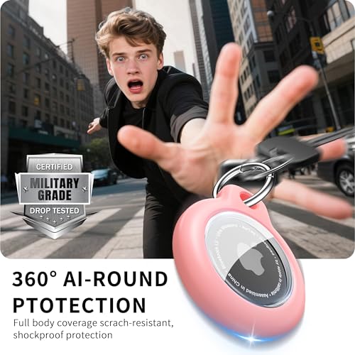 Image of RFUNGUANGO Apple AirTag Holder with Key Ring 4 Pack AirTag Case, Hard Protective AirTag Case for Kid, Pet, Luggage, Backpack, Key - Purple /Rose Red /Pink /White