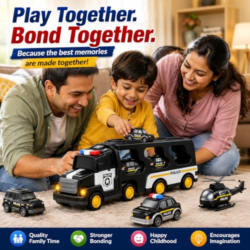 Image of Police Truck Toy for Kids, 5-in-1 Police Vehicle Set with Friction Powered Transport Truck, Mini Army Cars, Lights & Music, Educational Toy Gift for Boys & Girls Age 3+