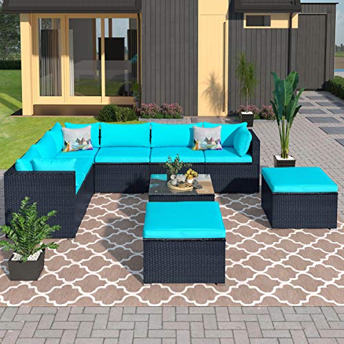 Emkk 9-Piece Outdoor Patio Rattan Conversation Sectional Sets, 3 Corner Sofa, 2 Ottomans, And 1 Glass Coffee Table, Removable Soft Cushions Wicker, Black+ Blue #TOP11