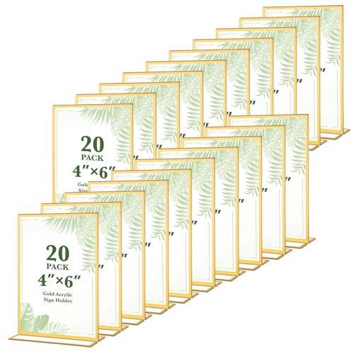 Alffun 20 Pack Gold Acrylic Sign Holders 4x6 Inch Gold Picture Frames