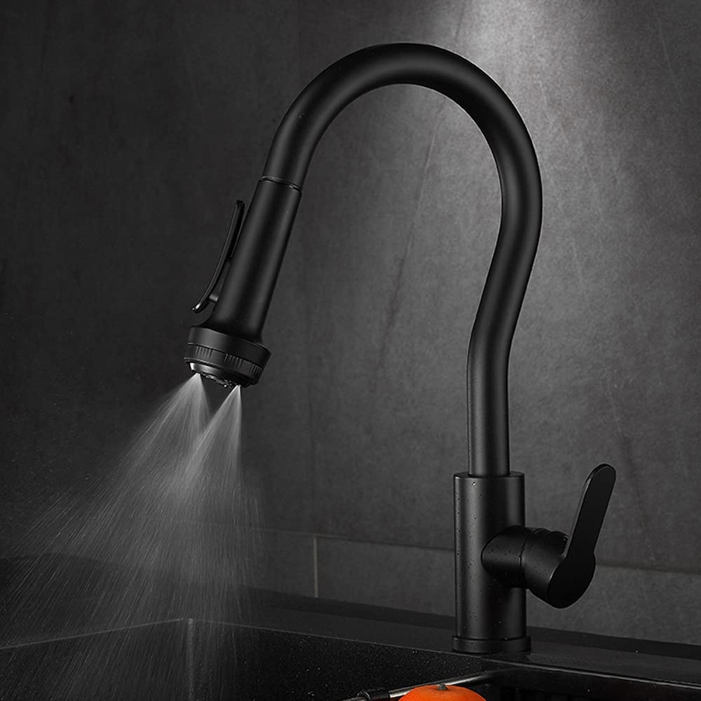 Grifo Monomando Todo Cobre Grifo de Cocina Tanque de Agua fría y Caliente manija única Orificio único Giratorio Salpicaduras y Grifo de Lavabo extraíble Negro