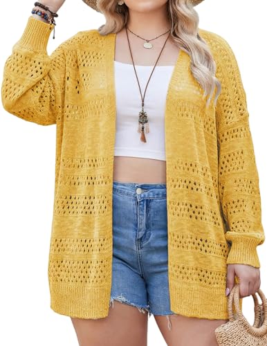 Image of IN'VOLAND Womens Plus Size Crochet Cardigan Lightweight Long Sleeve Open Front Oversized Boho Sweaters Kimonos