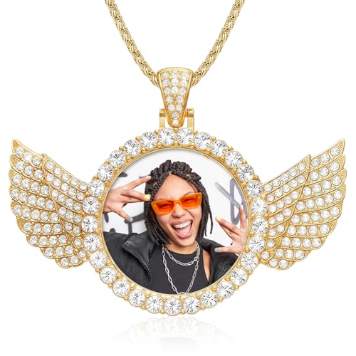 Julees Picture Necklace Personalized Photo Custom Circle Chain Pendant Memorial Gifts for Men Women Family Christmas Birthday Anniversary Presents (Gold)