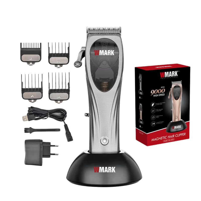WMARK NG-9005 Ultra-Premium Professional 9000 Rpm Microchipped Magnetic Motor 0 Gapped Hair Clipper High Precision Powder Metallurgy Blade 4 Guide Comb Taper Lever Adaptor Charging Pod Stand, Model 10