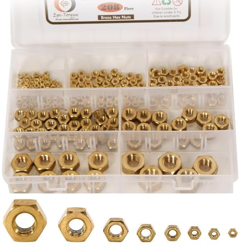 Image of Epi-Torque High Strength Brass Hex Nuts7 Sizes M3, M4, M5, M6, M8, M10, M12 Assortment Pack of 208 Pcs In Plastic Storage Box