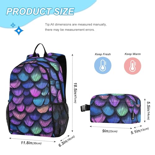 Travel Backpack Lunch Bag Set for Hiking Picnic, Backpacks with Insulated Lunch Box Cartoon Scales Print2