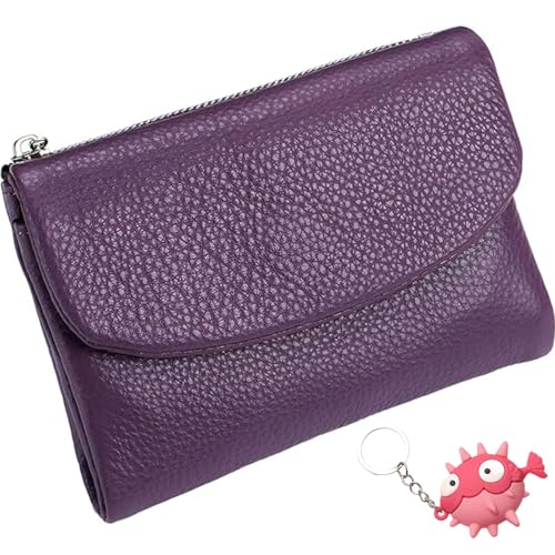 Joyfullygo Wallet, Unisex Pebble Leather Wallet, 5.3in Short Genuine Leather Coin Card Holder, Unisex Clutch Bags, Waterproof and Large Capacity (Purple)