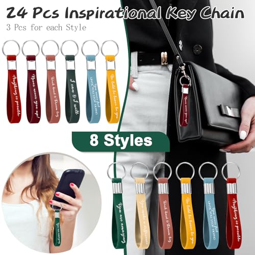 Image of Fumete 24 Pcs Inspirational Keychain Gift Employee Appreciation Gift for Women Motivational Key Rings Thank You Keychain(Joyous Color)