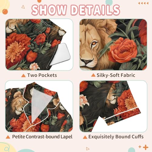 senya Lion with Flowers Satin Summer Pajama Sets Silk Short Sleeve Button Down Sleepwear3