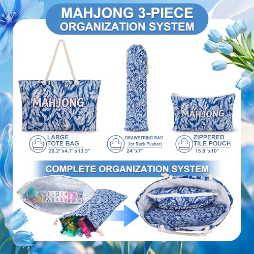 Set de bolsas para Mahjong 3 piezas con manija azul miniatura 4