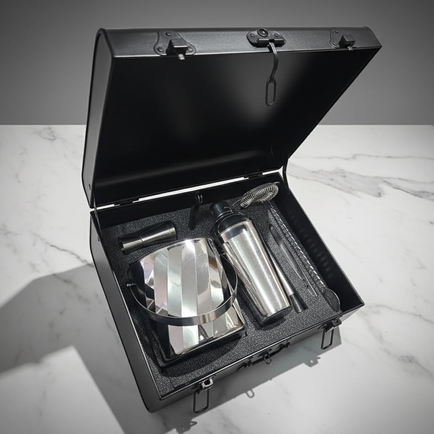 Image of Car-O-Bar Silver Bar Set Trunk | Bar Set for Home - Bartender Kit :Cocktail Shaker, Bar Spoon, Jigger, Muddler, Strainer, Wine & Beer Bottle Opener, Ice Bucket with Tong, Bar Trunk
