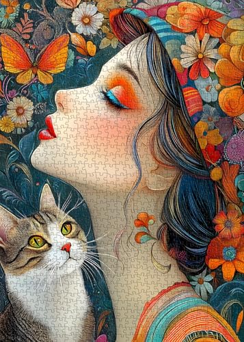 PICKFORU Elegance in Bloom Puzzle para Adultos 1000 Piezas, Rompecabezas de Dama con Arte Único, Gato y Flores miniatura 1