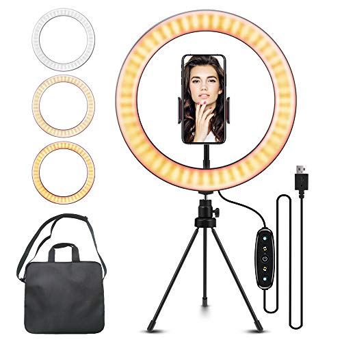 Lambony - Anillo de luz de 10 pulgadas con colorido RGB 6500K regulable con trípode y soporte para teléfono para selfie Live Stream/Maquillaje, YouTube [enchufe USB/bolsa de transporte]