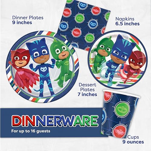 Unique PJ Masks Birthday Party Supplies Set | Catboy | For 16 Guests | Blue, Pink, Green | Table Cover, Plates, Cups, Napkins and Button