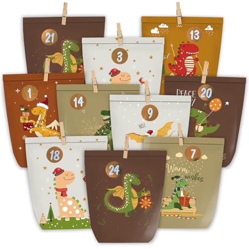 KOHMUI Adventskalender zum Befüllen, 24 DIY Adventstüten zum Selber Basteln, Dinosaurier Papiertüten zum Selbstbefüllen, Weihnachtskalender mit Zahlen Aufkleber