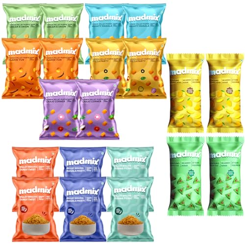 Image of Madmix All Snack Mix | Ultimate Snacking Combo | No preservatives, Baked, Gluten-Free, Vegan and Healthy Snacks | Grab-n-Go Snack Mix | Millet Puffs X 10 | Baked Bhujia X 6 | Paan and Mango Flavoured Raisins X 4