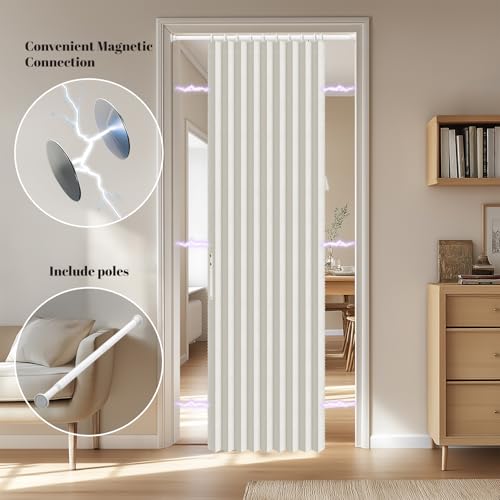 Image of AJAZZ Blackout Door Curtains with Curtain Rods 28-39 in Length Magnetic Door Curtain Blackout Curtains for Bedroom, Doorway Curtain Sets (1 Panel, 44 W x 78 L, Cream White)