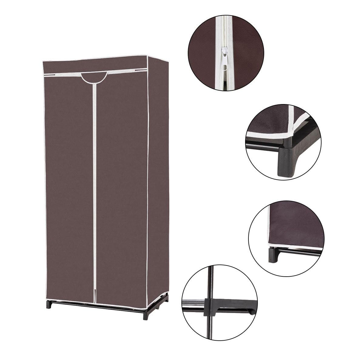 FANTASK Penderie en Tissu avec Tringle à vêtements et étagère - Armoire Pliante en Tissu - pour Salon, Chambre à Coucher, Cave - 74 x 50 x 172 cm - Marron