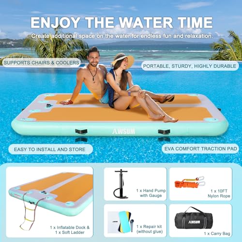AWSUM Inflatable Floating Dock, 8ft/10ft Non-Slip EVA Inflatable Swim Platform Dock for Lake, Inflatable Water Mat Floating Island Raft for Pool Beach Ocean