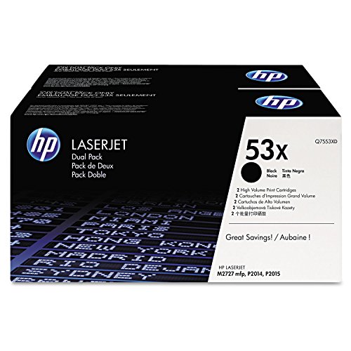 HP 53X Q7553XD, Negro, Cartuchos Tóner de Alta Capacidad Originales, Pack de 2, para impresoras HP LaserJet P2015, P2014, P2015n, M2727 NF y P2015dn