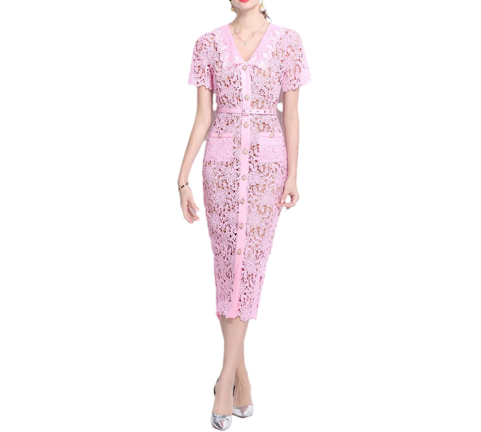 Vestido de encaje de verano for mujer - Vestido ajustado midi de manga corta for bodas, fiestas y días festivos - Rosa M(6)