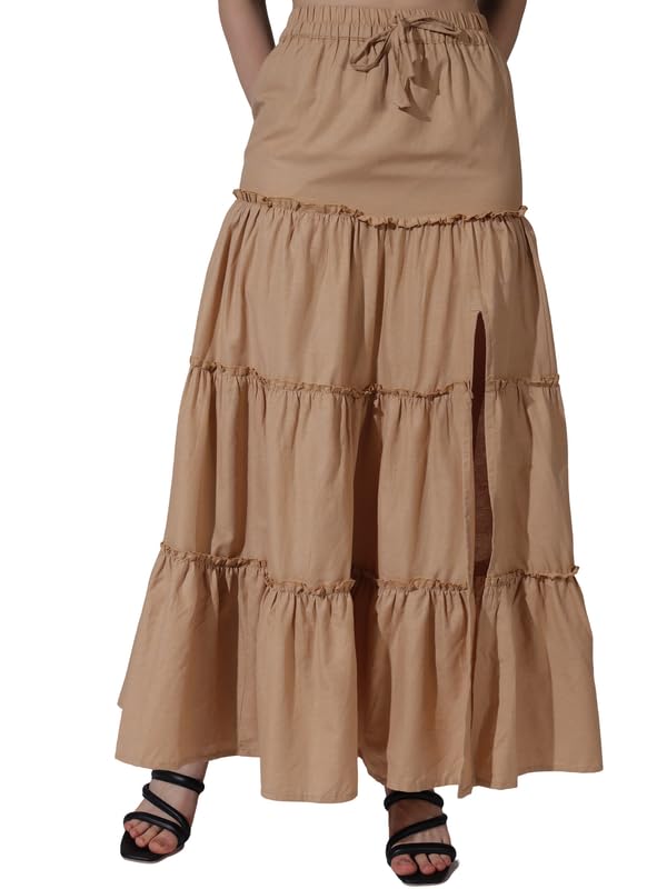 Women's Cotton Tiered Skirt with Side Slit and Pocket, Beige-image-3