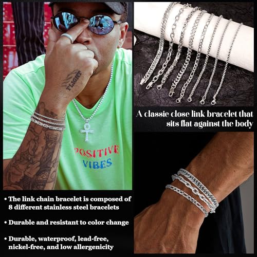 Set 8 pulseras de cadena de acero inoxidable para hombres y mujeres miniatura 4