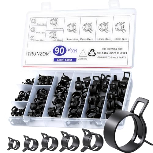 90Pcs 7-18mm Spring Hose Clamps Kit Black Small spring Clamp Constant Tension Steel Clamps for Automotive Fuel Lines Silicone Vacuum Hoses Low-Pressure Air Clips
