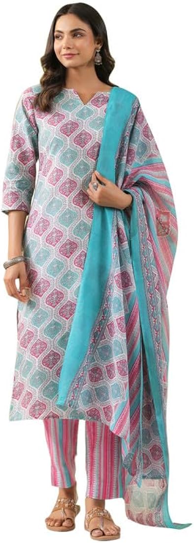 Anekha Women's Cotton Blend Printed Straight Kurta Set