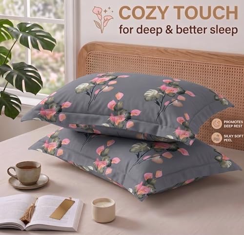Image of VAS COLLECTIONS Cotton Pillow Cover Set of 2 (17x27 Inches) | Ultra Soft Breathable Pillow Cases for Bed | Skin Friendly, Fade Resistant & Comfortable Pillow Covers for Bedroom Decor (Grey & Pink)