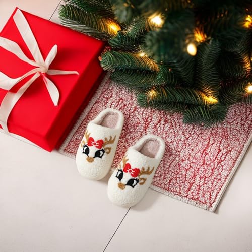 Christmas Slippers Memory Foam for Women Men, Cozy Plush Warm Non-Slip Holiday Slides with Santa Reindeer Designs Indoor Outdoor2