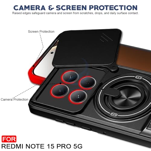 Image of AESTMO Redmi Note 15 Pro 5G Back Cover | Armor Camera Slider 360 Degree Rotating Finger Ring Holder Case with Bracket Stand Back Case Cover (Compatible with MagSafe Accessories) (Black)