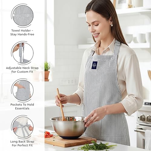 Image of Encasa XO 100% Cotton Apron Set for Women & Men with Adjustable Apron, Oven Gloves & Pot Holder (Pack of 3) Combo, Heat-Resistant, Soft & Durable for Cooking, Baking & Grilling (Ticking Black)
