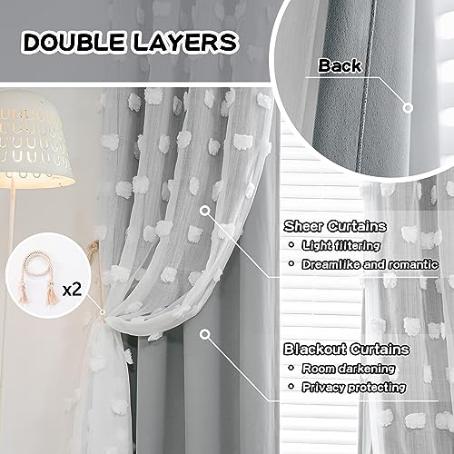Image of MYSKY HOME 90 Inch Long Grey Curtains for Living Room Double Layer Blackout Curtains for Boys Bedroom White Pom Pom Sheer Curtains for Kids Room Darkening Grommet Top Nursery Window Panels 52 x 90 in