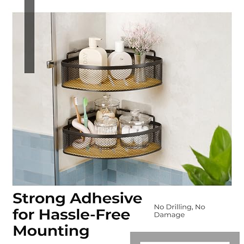 Image of Lifelong Bathroom Corner Shelf for Storage | Pack of 2 | Mesh Wire Basket with Bamboo Tray | Dual Installation - Adhesive Sticker & Screws | Strong and Durable, Easy Install (Black, LLHIBCB01)