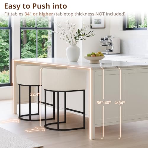 Image of LUE BONA Counter Height Bar Stools Set of 6, Modern Barrel Counter Stools with Backrest and Arms, Black Metal Frames, Linen Fabric Upholstered Barstools for Kitchen, Light Linen Color