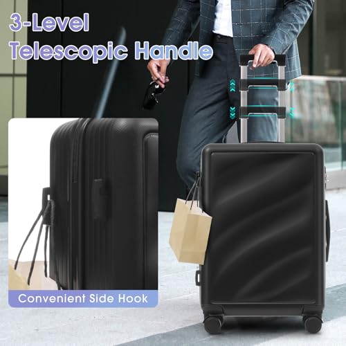 Image of Hardside Luggage Sets, Lightweight Wave Suitcase with Spinner Wheels, Black Wavy Lines