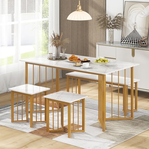 GIANTEX Juego de Mesa de Comedor con 2 Taburetes y 1 Banco, Mesa de Cocina con Patas de Metal Doradas, Aspecto de Mármol Artificial, para 4 Personas, Mueble 4 Piezas para Salón, Cocina