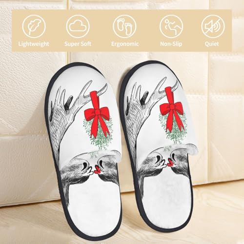 Moose Kissing Under Mistletoe Print Women Slippers Home Furry Shoes Keep Men Couples Shoes Warm For Women-3