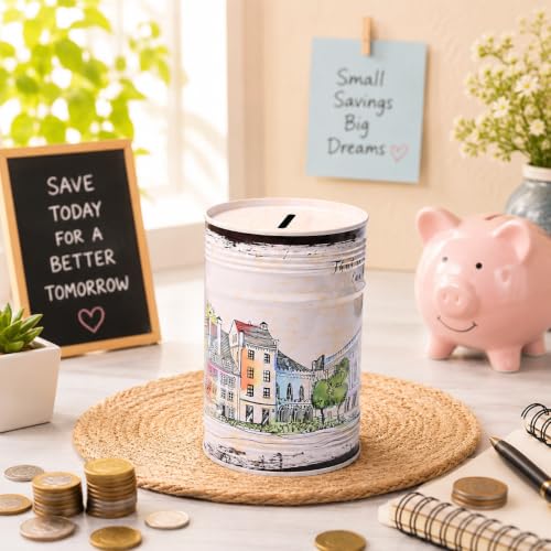 Image of Market99 Round Money Bank | White Tin Coin Bank with Glossy Finish & Vintage Theme Print | Stylish Piggy Bank for Kids & Adults | Decorative Savings Box for Home, Office Desk & Gifting Use