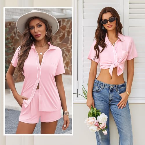 Image of Ekouaer Womens Pajama Sets Button Down Lounge Set 2 Piece Loungewear Soft Sleepwear Short Sleeve Pjs with Pockets