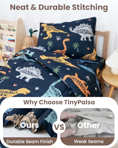 Image of TinyPalsa Toddler Bedding Set, 4-Piece Green Dionosaur Comforter Set for Girls and Boys, Breathable Crib Bedding Includes Ultra-Soft Quilt, Flat and Fitted Sheets, and Reversible Pillowcase