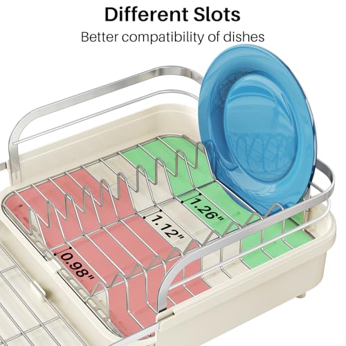 Image of SNTD Dish Drying Rack, Expandable Dish Rack for Kitchen Counter, Stainless Steel Dish Drainer with Drainboard Set and Utensil Holder (Beige)