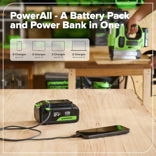Image of Greenworks 24V 6.0Ah PowerAll Lithium-Ion High-Power Battery (Genuine Battery / 150+ Compatible Tools) with 100-Watt Bi-Directional USB-C Charger for iPhone 16, iPad, Galaxy, Pixel and More