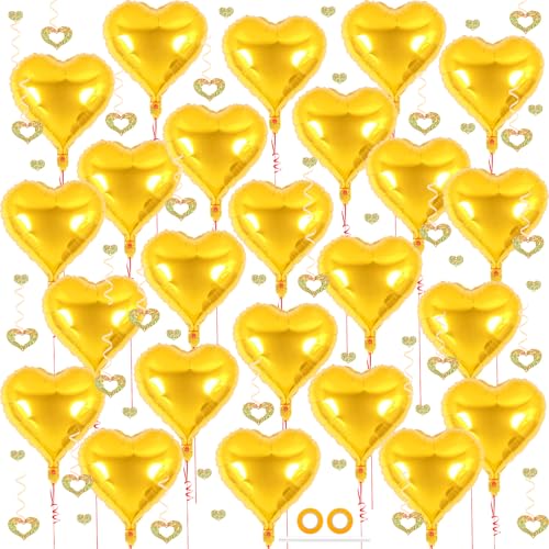 Image of 24 Pcs Gold Heart Balloons, 100 Pcs Heart Hanging Streamers, 18 Inch Heart Foil Balloons Valentine's Day Balloon Love Balloon for Valentines Day Proposal Wedding Party Decorations