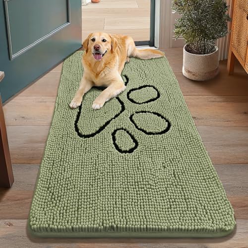 Image of Smiry Dog Door Mat for Muddy Paws, Absorbent Dirt Trapper Non Slip Quick Dry Washable Chenille Mat for Mud Dogs, Entry Rug for Indoor and Outdoor (48x30 Inches, Sage Green and Black)