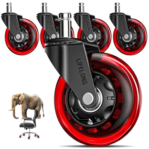 Image of Lifelong Office Chair Wheels Replacement, Heavy Duty, Red, 5-Pack Fits 98% | Original Rubber Caster, Desk Wheels, Smooth & Quiet, Safe for Hardwood Floors & Carpet, Replace Office Chair Mats