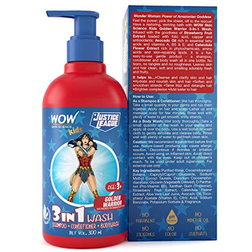 Image of WOW Skin Science Kids 3 in 1 Wash - Shampoo + Conditioner + Body Wash - Golden Warrior Wonder Woman Edition - No Parabens, Color, Mineral Oil, Silicones & Sulphate, 300 ml